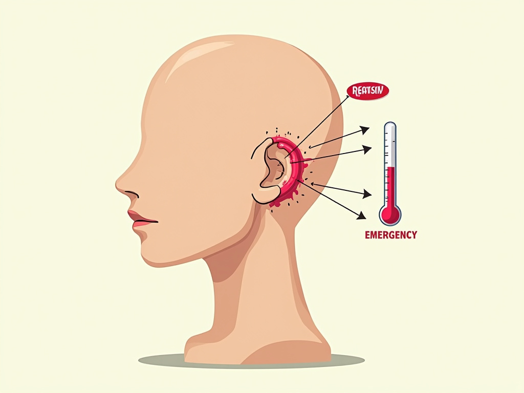 Decision tree for dangerous earring infection symptoms on cartoon ear.