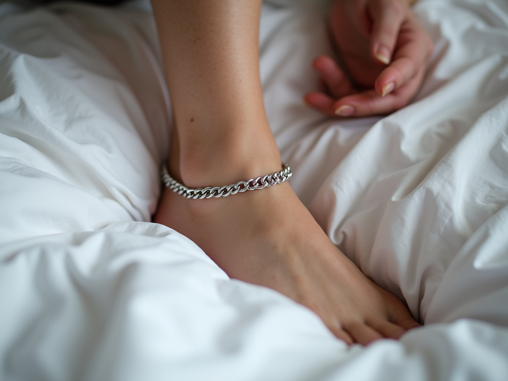 Close-up of a delicate silver anklet chain worn thin and snagged on bedding.