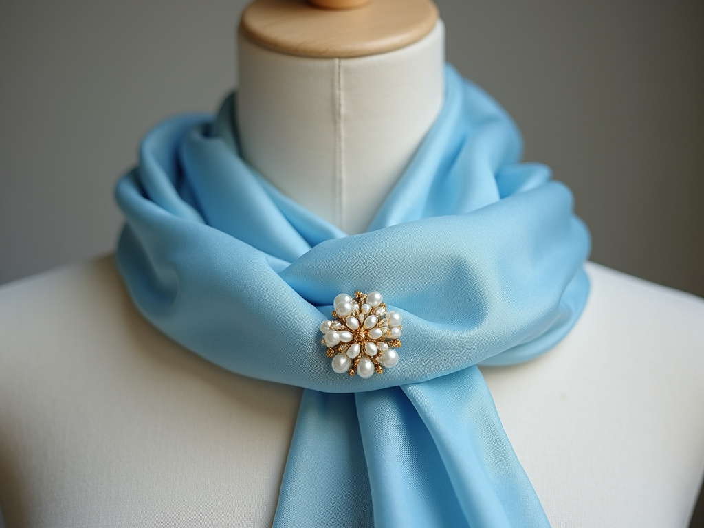Delicate pearl brooch securing a silk scarf on a mannequin.