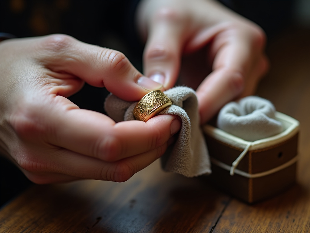 Close-up of hands polishing and caring for a gold signet ring.