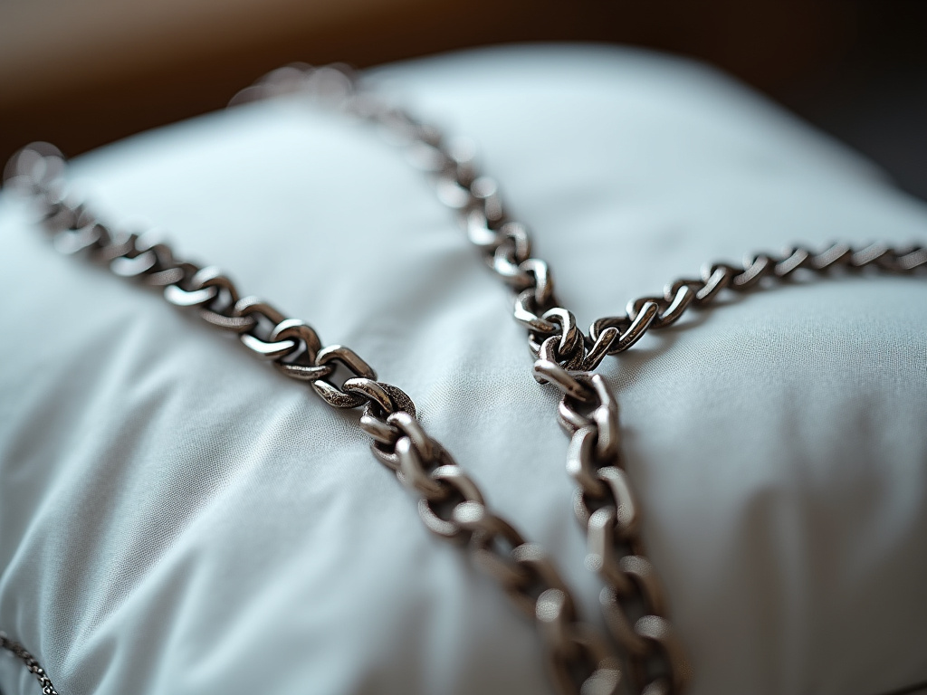 Comparison of a safe short curb chain and a tangled long necklace for sleeping.