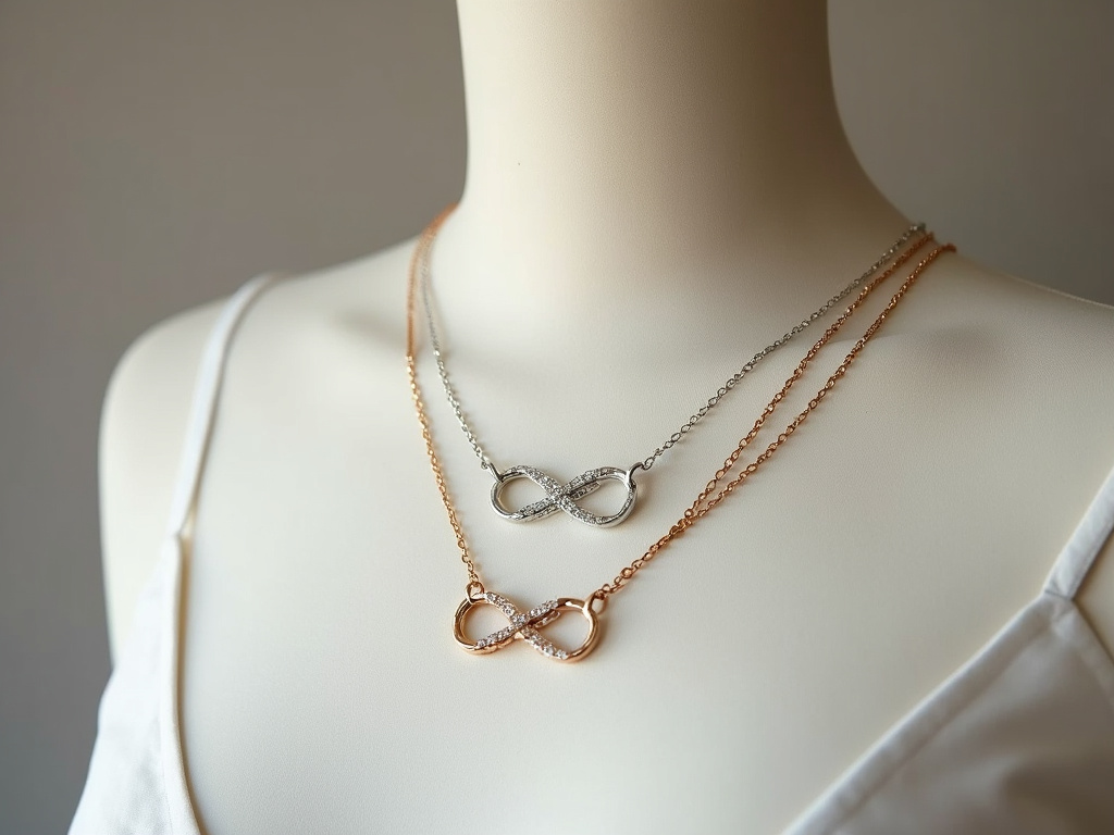 Gold, silver, and rose gold infinity necklace designs for personal meaning.