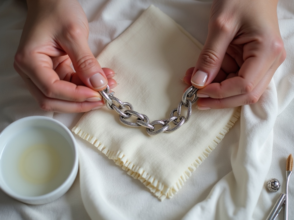 Close-up of hand cleaning a silver Pandora snake chain bracelet to prevent stretching.