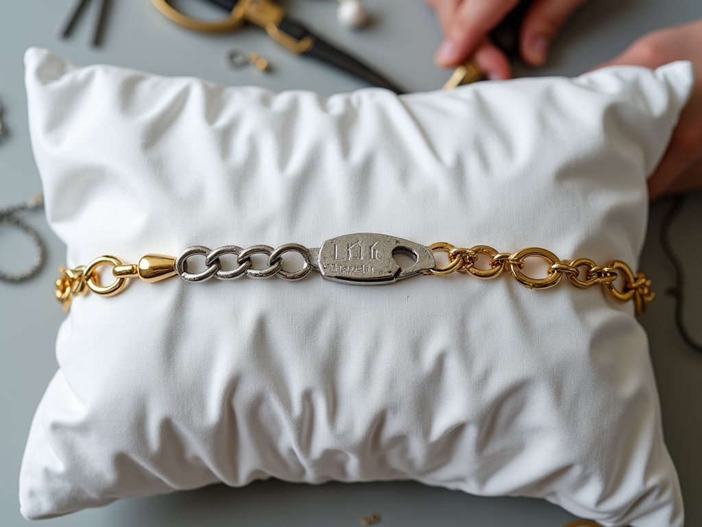 Close-up comparison of necklace chain metals after nightly wear on a pillow.