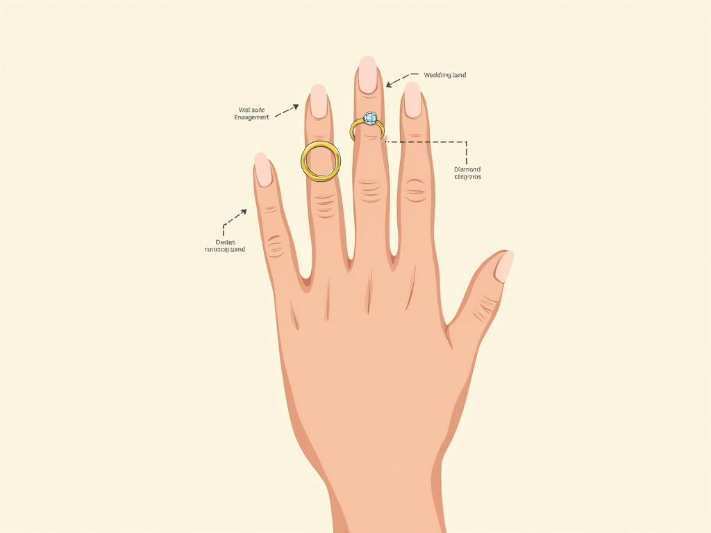 Diagram showing wedding band, engagement ring, and anniversary band stacked in order.