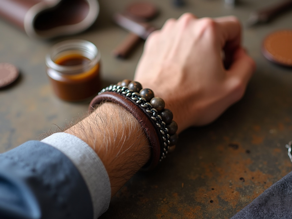 Close-up comparison of durable men's bracelet materials: leather, beaded, and metal.