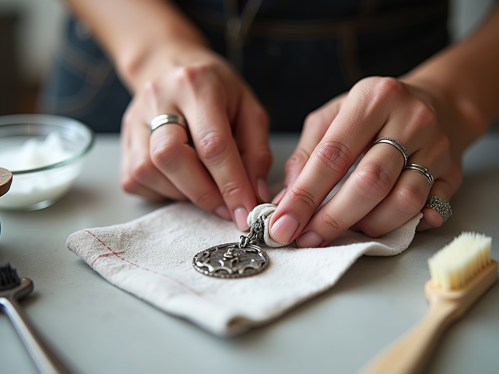 Close-up of hands polishing sterling silver jewelry with a soft cloth.