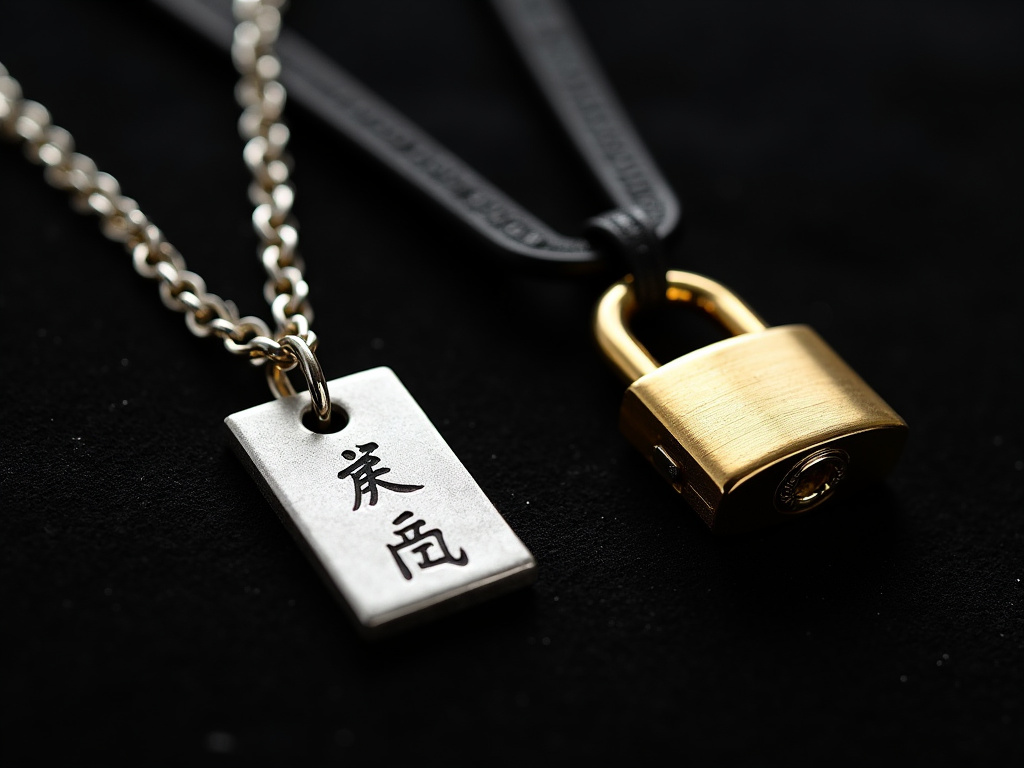 Comparison of a flat Chinese lock charm and a 3D padlock pendant on a choker