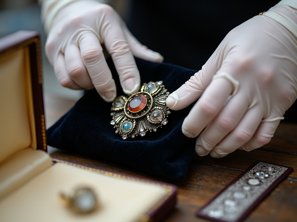 Proper storage of a valuable vintage brooch in a velvet pouch and jewelry box.