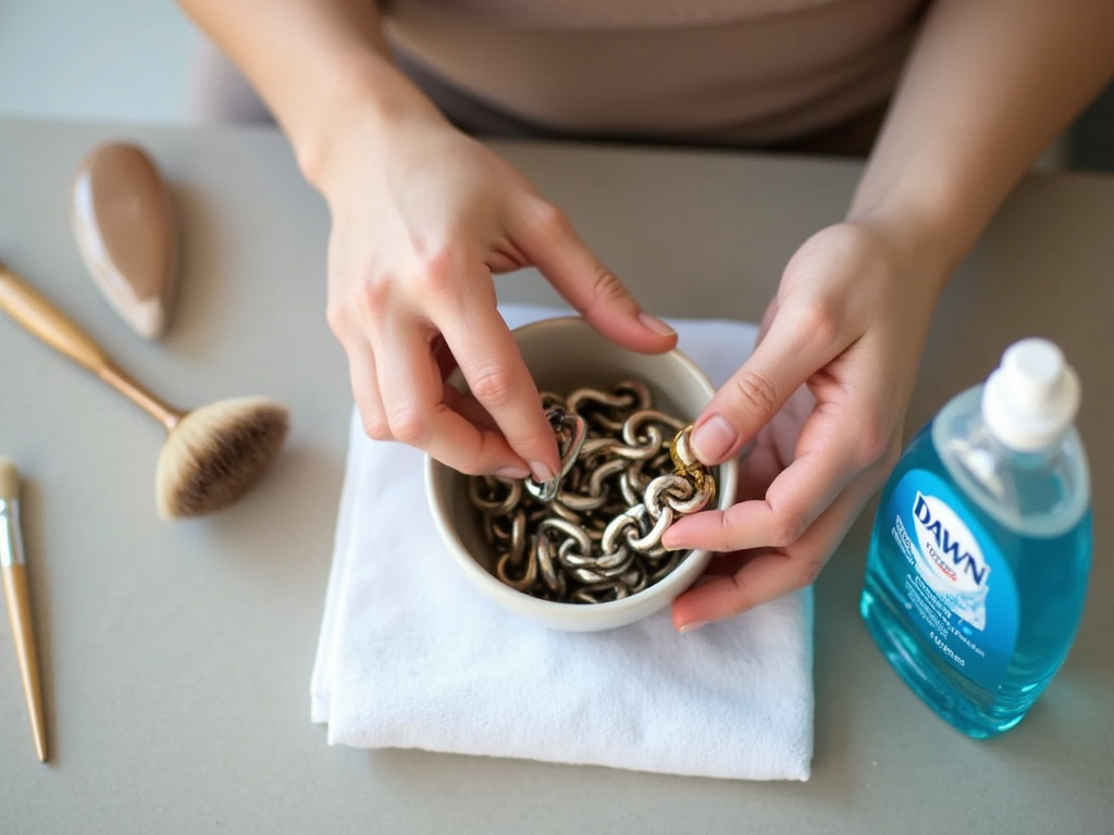 Cleaning a silver and gold bracelet with soapy water and a soft brush.