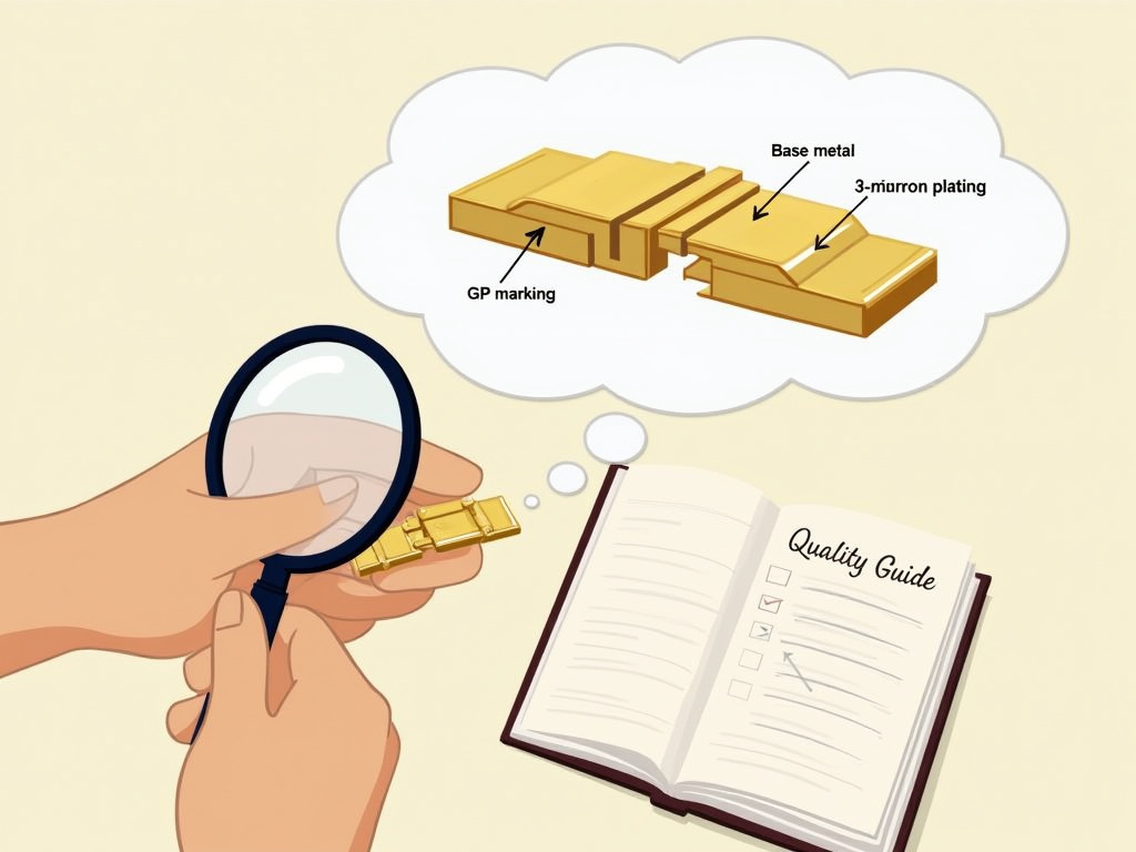Shopper using magnifying glass to inspect gold plated jewelry markings and thickness.