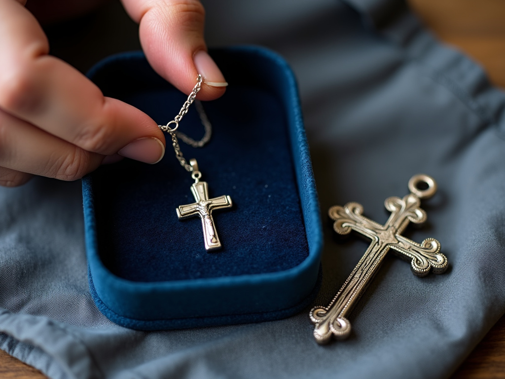 Close-up of a silver cross necklace being stored respectfully in a velvet jewelry box.