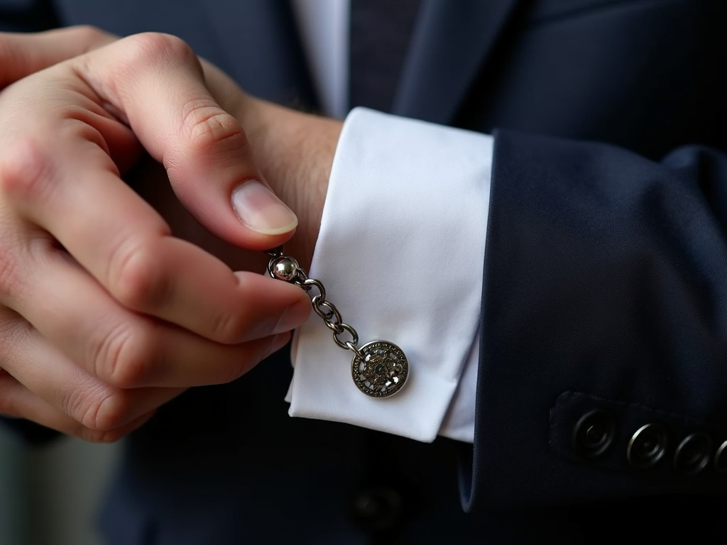 Close-up of hands fastening a silver chain cufflink on a white French cuff shirt.