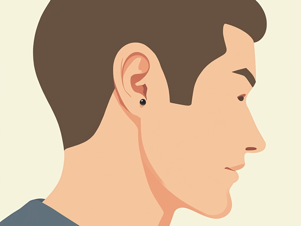 Cartoon illustration of a single earring in a man's left ear from behind.