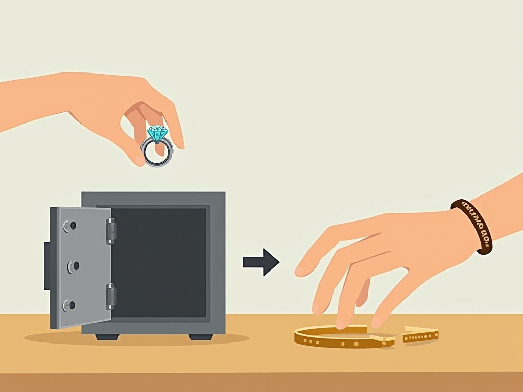 Conceptual cartoon comparing vault-stored investment jewelry versus wearable jewelry.