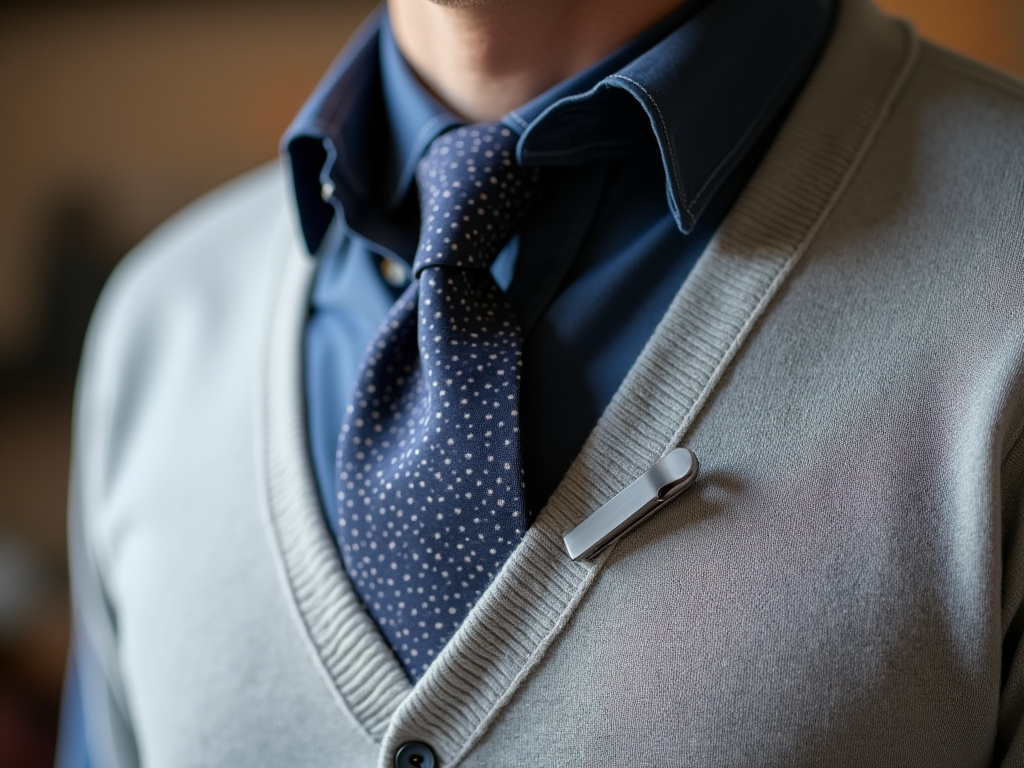 Man wearing tie clip with sweater and shirt, no jacket