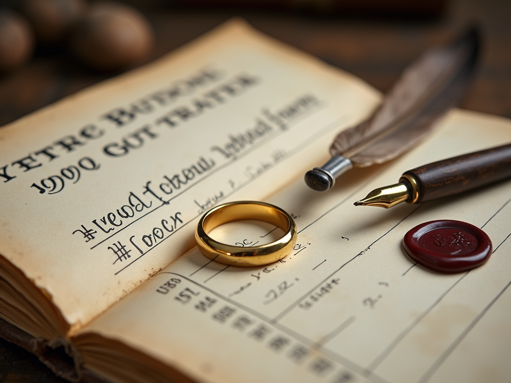 Wedding ring on a historical contract ledger symbolizing marriage as a legal agreement.