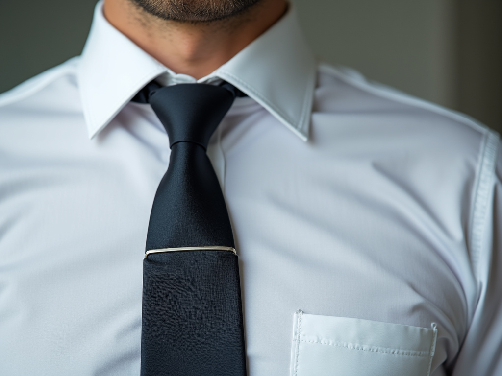 Man wearing a subtle tie clip on a dress shirt without a jacket.