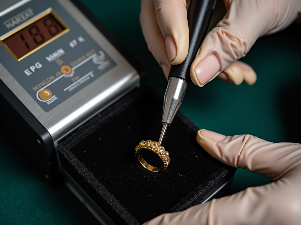 Professional electronic gold tester checking the karat purity of a ring.