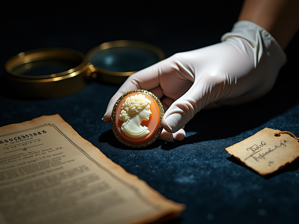 Close-up of a signed Saulini cameo brooch with provenance documents on velvet.