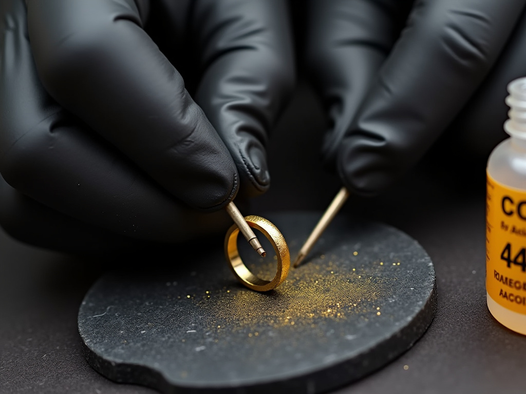 Close-up of performing an acid test on a gold ring with a file and testing stone.