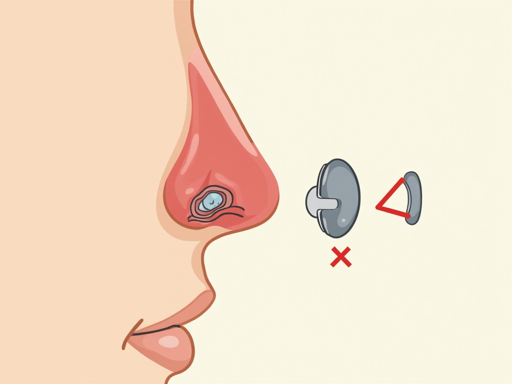 Diagram showing why earring butterfly backs cause pressure sores in the nose.