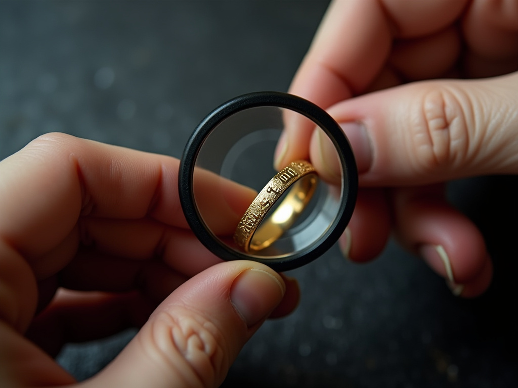 Investor using loupe to verify gold jewelry hallmarks before purchase