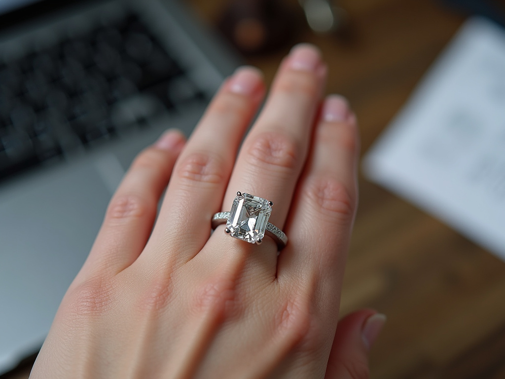 Large carat engagement ring being turned to avoid snagging during daily wear.