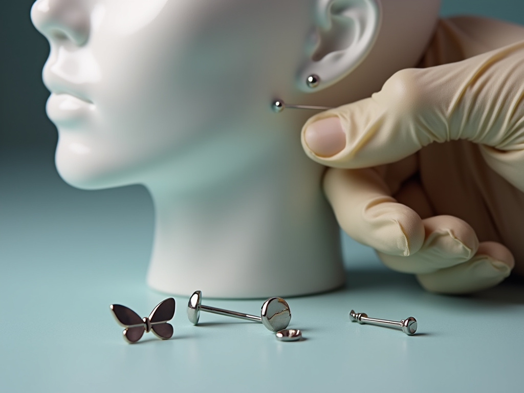 Close-up comparing improper butterfly back earring to correct flat-back labret for piercing.