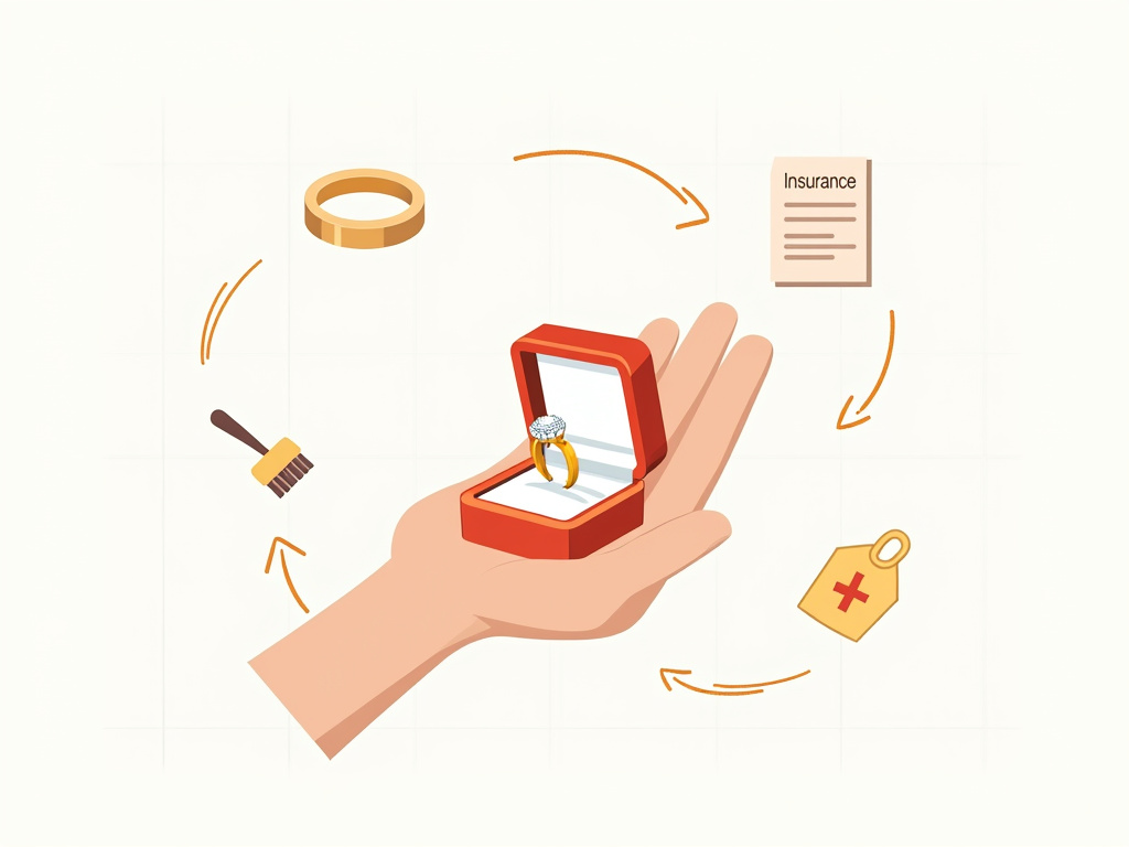 Engagement ring full cost of ownership diagram with wedding band and insurance icons