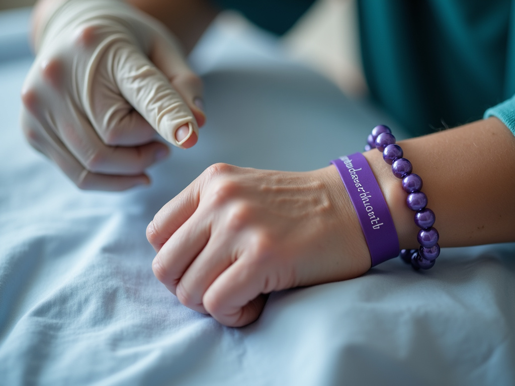 Purple hospital DNR band versus purple Alzheimer's awareness bracelet confusion.