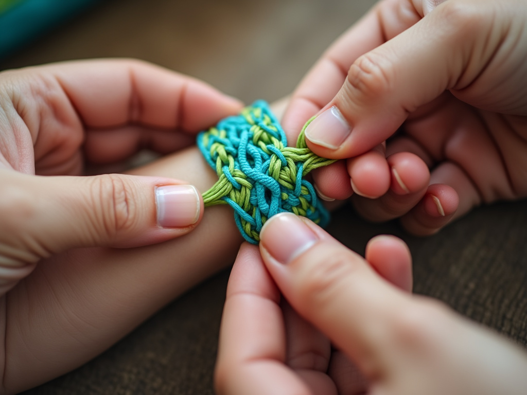 Close-up of hands tying a green and blue friendship bracelet onto a wrist