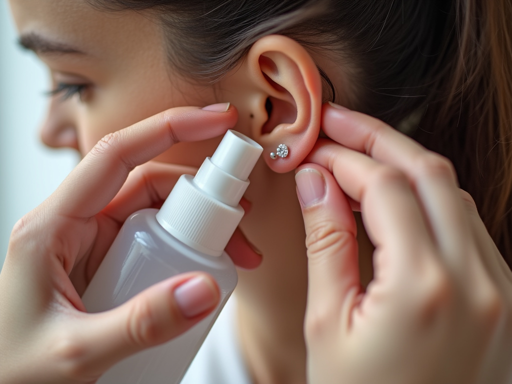 Cleaning a fresh ear piercing with sterile saline spray for aftercare.
