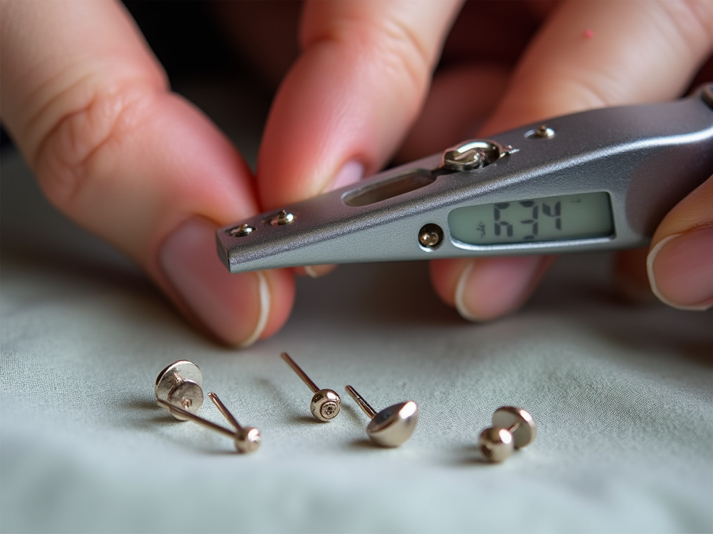 Measuring earlobe thickness with a caliper to determine correct earring post length.