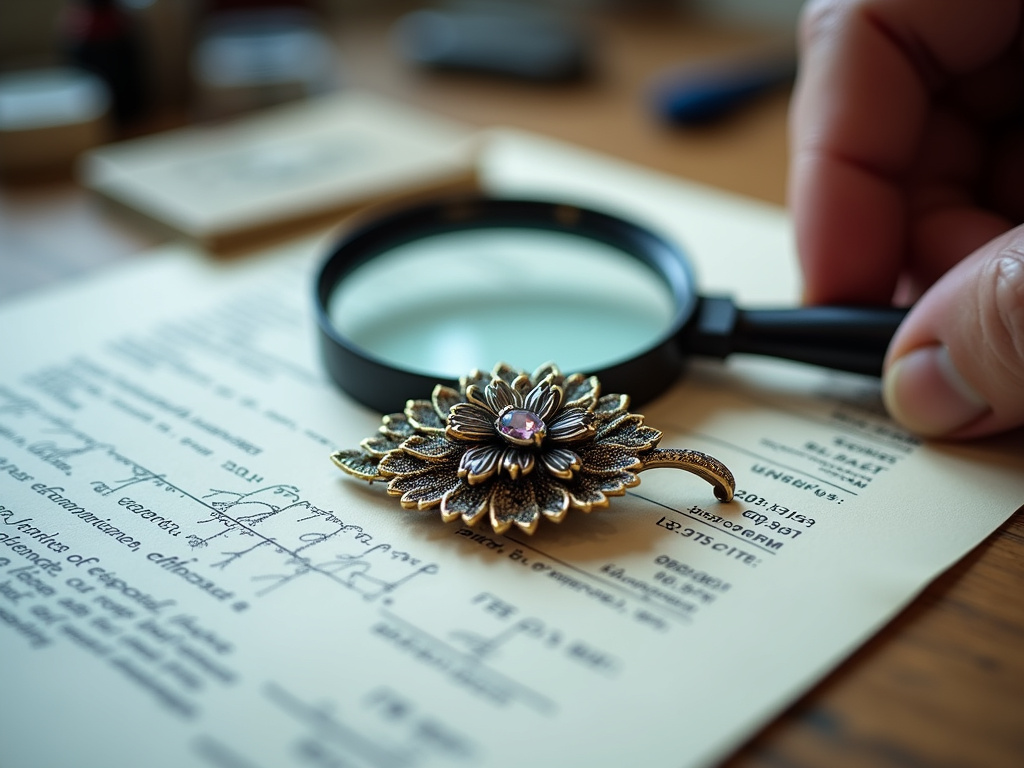 Vintage brooch on a jewelry appraisal document with a magnifying loupe.