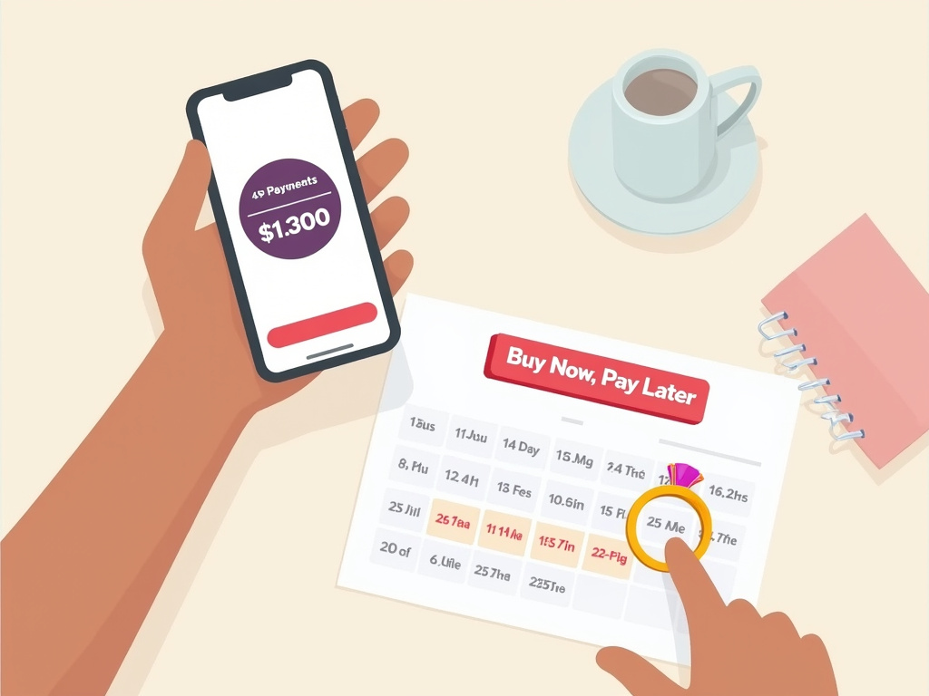 Cartoon illustration of financing an engagement ring using a BNPL app on a phone.