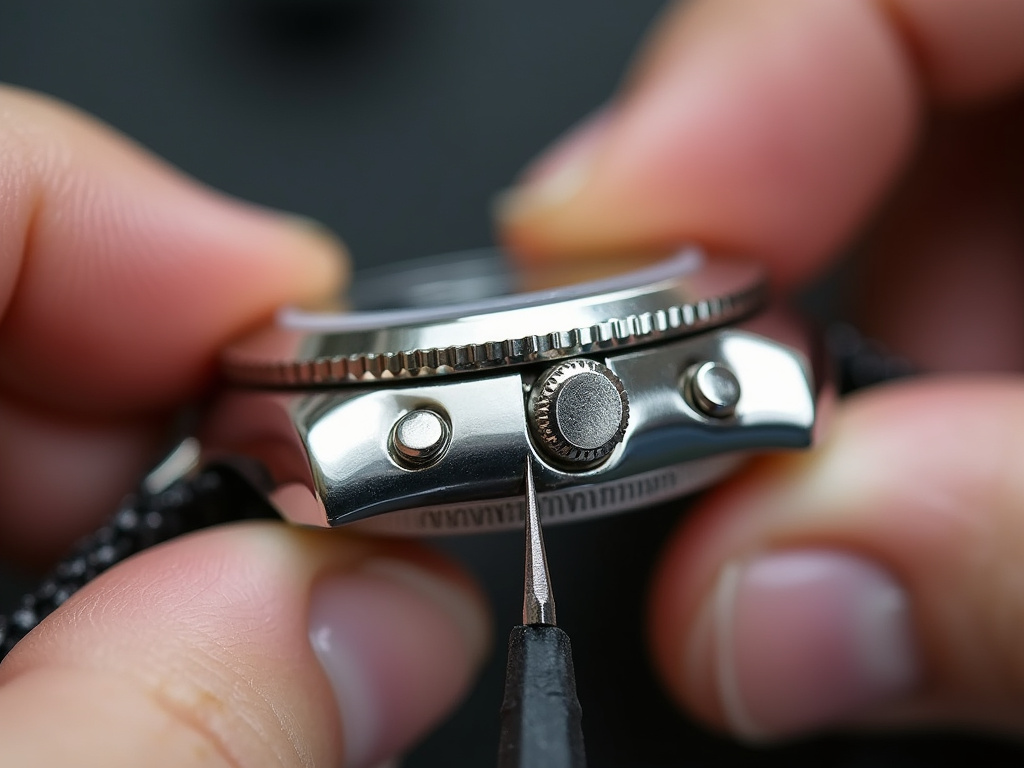 Close-up of adjusting a watch bracelet using the micro-adjustment clasp holes.