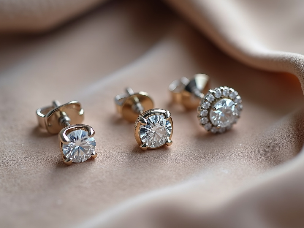 Comparison of prong, bezel, and halo settings for diamond earring studs.