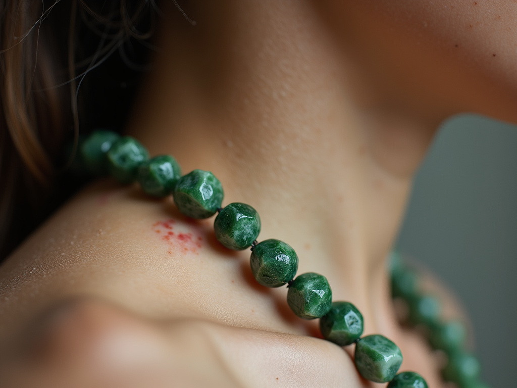 Rough jade necklace causing skin irritation on a close-up of a neck