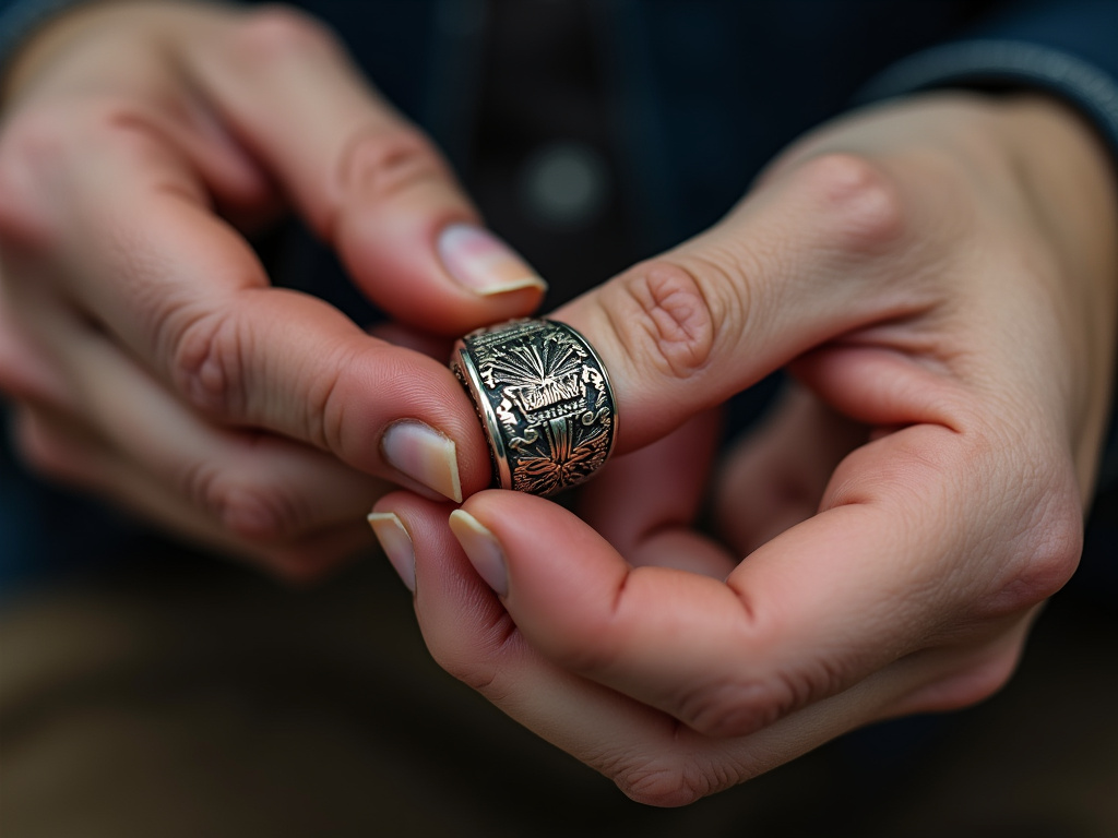 Close-up of hands turning a class ring orientation from inward to outward.