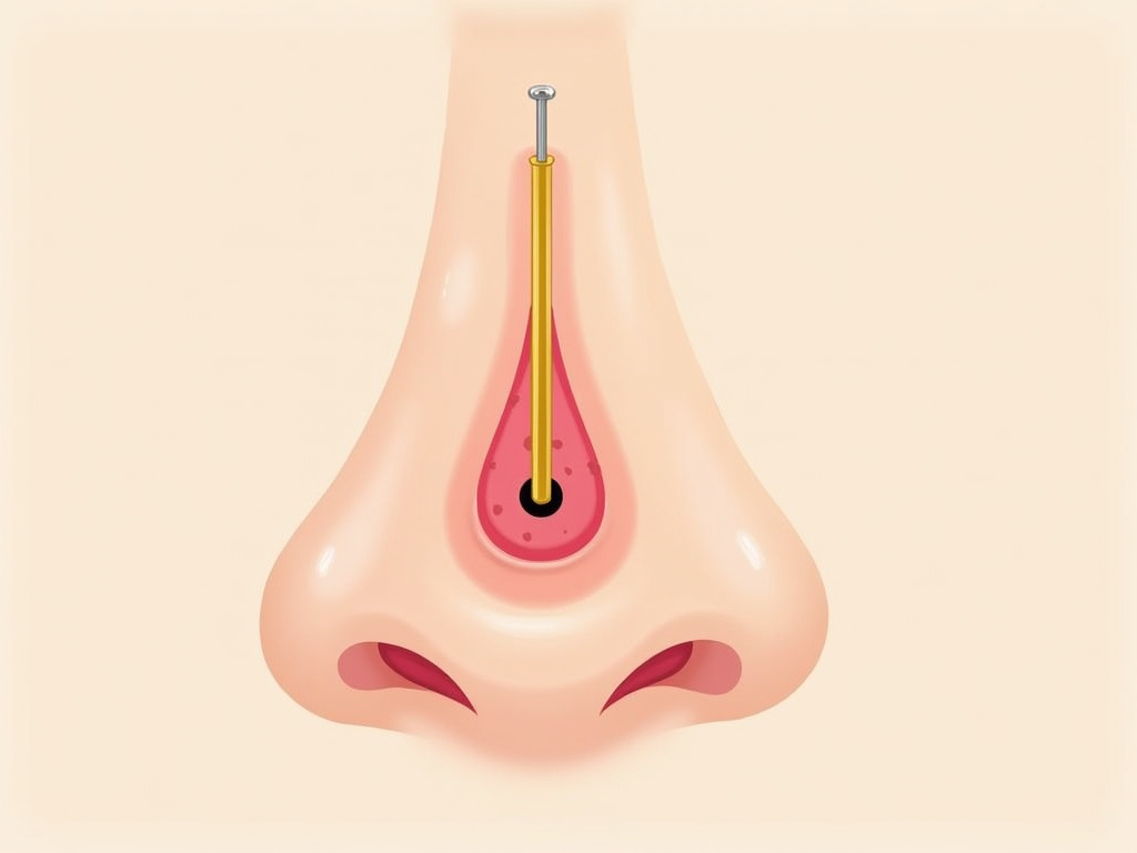 Cross-section diagram showing a plated earring causing irritation in a nose piercing.