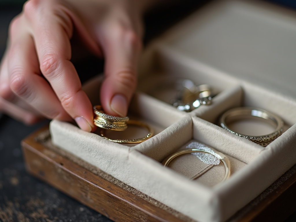 Organized jewelry box storing mixed gold and silver pieces with anti-tarnish strip.